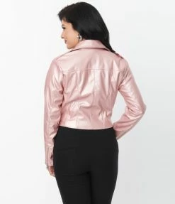 Unique Vintage Pink Shimmer Vegan Leather Jacket New Arrivals!