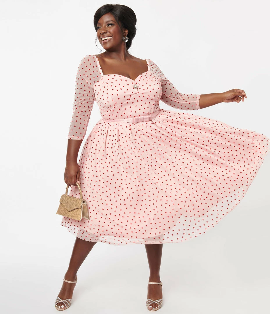 Unique Vintage Plus Size Pink & Red Hearts Lamar Swing Dress