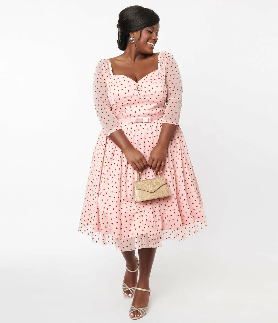 Unique Vintage Plus Size Pink & Red Hearts Lamar Swing Dress
