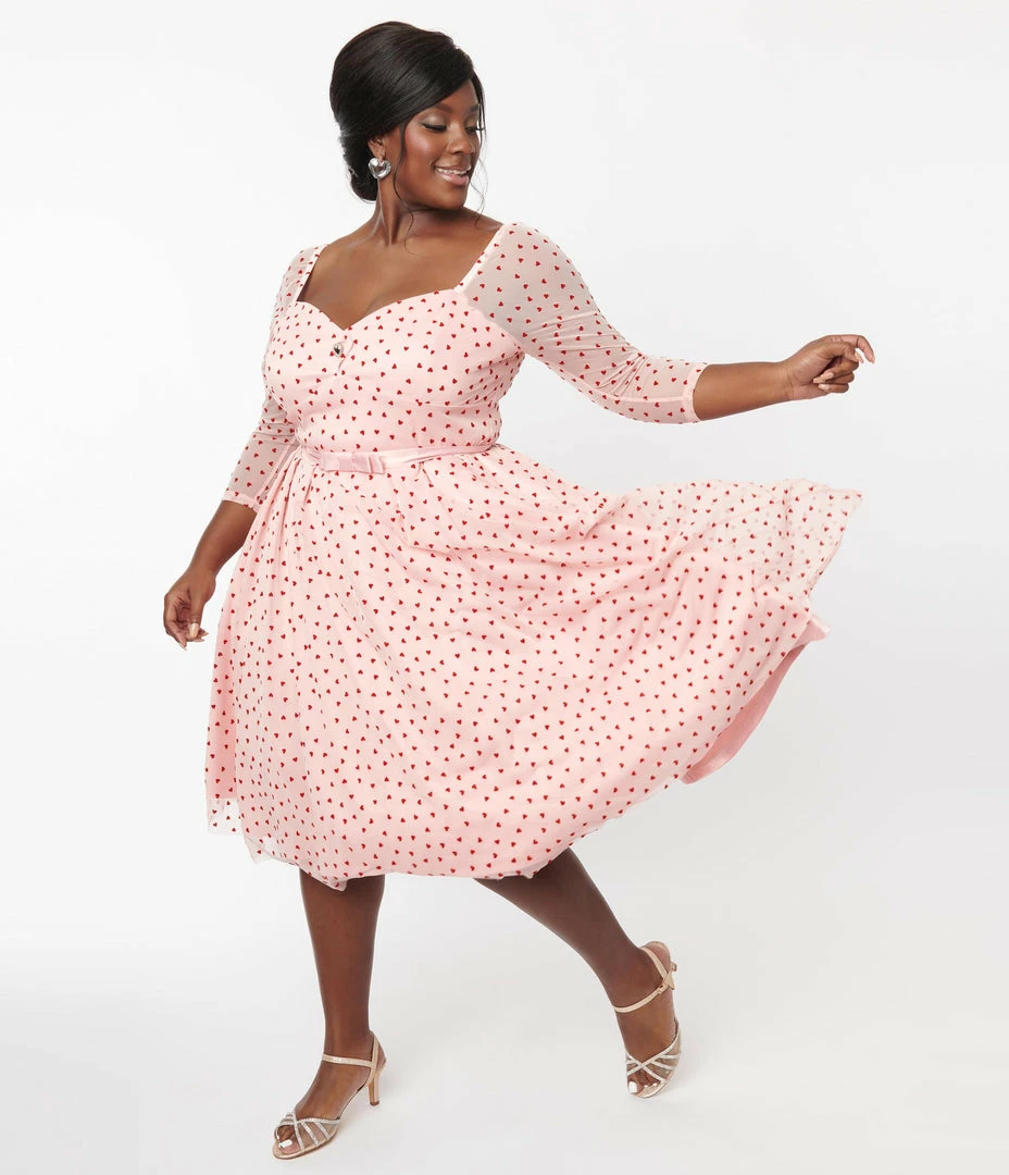 Unique Vintage Plus Size Pink & Red Hearts Lamar Swing Dress