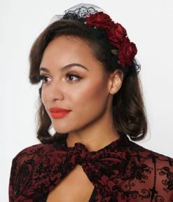 Alibaba (Yiwu Party Star Import & Export Co, Ltd) Hair Accessories Burgundy Rose & Black Lace Headband