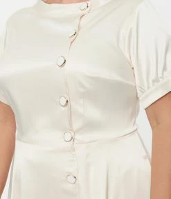 New Arrivals! Unique Vintage Plus Size Ivory Satin Button Bridal Swing Dress
