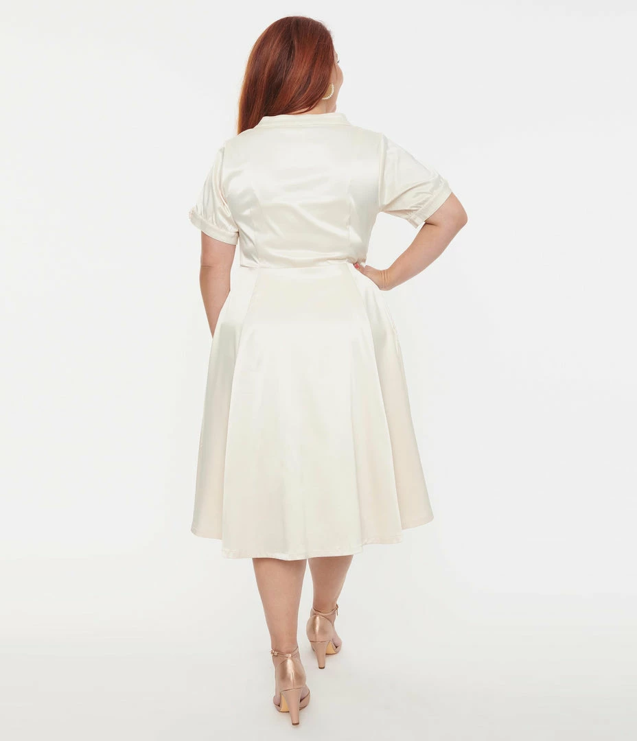 New Arrivals! Unique Vintage Plus Size Ivory Satin Button Bridal Swing Dress