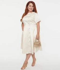 New Arrivals! Unique Vintage Plus Size Ivory Satin Button Bridal Swing Dress