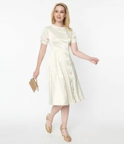 Unique Vintage Ivory Satin Button Bridal Swing Dress New Arrivals!