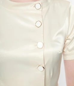 Unique Vintage Ivory Satin Button Bridal Swing Dress New Arrivals!