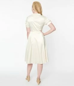 Unique Vintage Ivory Satin Button Bridal Swing Dress New Arrivals!