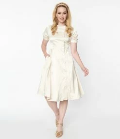 Unique Vintage Ivory Satin Button Bridal Swing Dress New Arrivals!