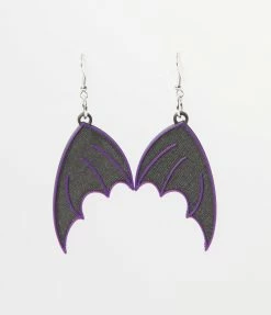 Faire (Printy Vibes) Black & Purple Batwing Drop Earrings Jewelry