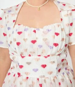 Unique Vintage Plus Size White & Multi Hearts Crinkle Libby Swing Dress