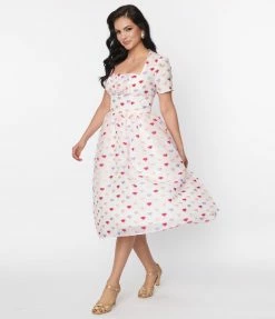 Unique Vintage White & Multi Hearts Crinkle Libby Swing Dress New Arrivals!