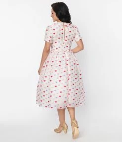 Unique Vintage White & Multi Hearts Crinkle Libby Swing Dress New Arrivals!