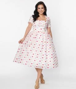 Unique Vintage White & Multi Hearts Crinkle Libby Swing Dress New Arrivals!