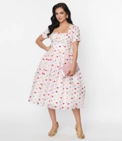 Unique Vintage White & Multi Hearts Crinkle Libby Swing Dress New Arrivals!