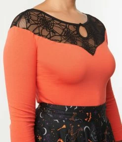 Lifestyle Group (UK) Ltd Orange Red & Spiderweb Lace Collar Knit Top