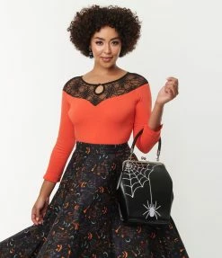 Lifestyle Group (UK) Ltd Orange Red & Spiderweb Lace Collar Knit Top