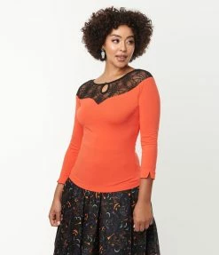 Lifestyle Group (UK) Ltd Orange Red & Spiderweb Lace Collar Knit Top