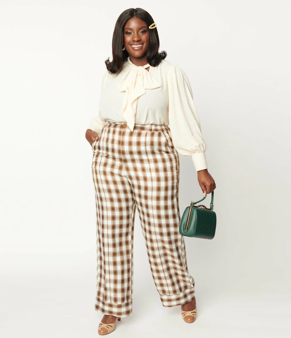 Unique Vintage Plus Size Brown & Ivory Plaid Wide Cuff Pants New Arrivals!