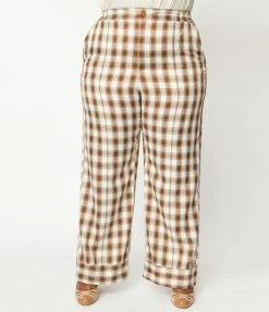 Unique Vintage Plus Size Brown & Ivory Plaid Wide Cuff Pants New Arrivals!