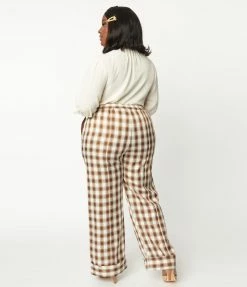 Unique Vintage Plus Size Brown & Ivory Plaid Wide Cuff Pants New Arrivals!