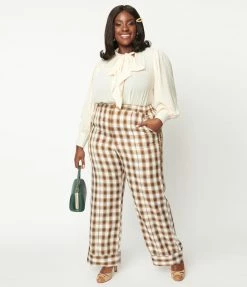 Unique Vintage Plus Size Brown & Ivory Plaid Wide Cuff Pants New Arrivals!