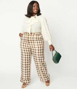 Unique Vintage Plus Size Brown & Ivory Plaid Wide Cuff Pants New Arrivals!