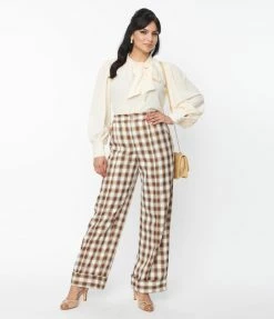 Unique Vintage Brown & Ivory Plaid Wide Cuff Pants