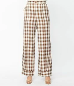Unique Vintage Brown & Ivory Plaid Wide Cuff Pants