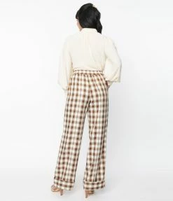 Unique Vintage Brown & Ivory Plaid Wide Cuff Pants