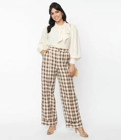 Unique Vintage Brown & Ivory Plaid Wide Cuff Pants