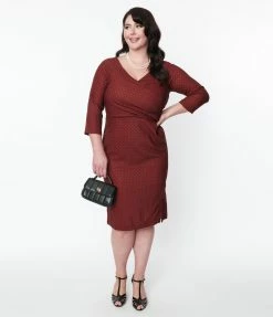 SHEEN Clothing Ltd Plus Size Burgundy & Black Polka Dot Katherine Midi Dress