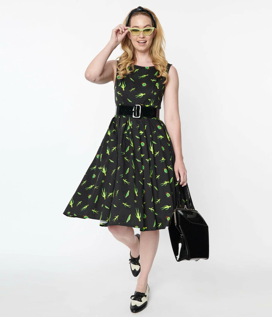 Miss Lulo, Inc. Black & Green Aliens Print Rubi Swing Dress Sale