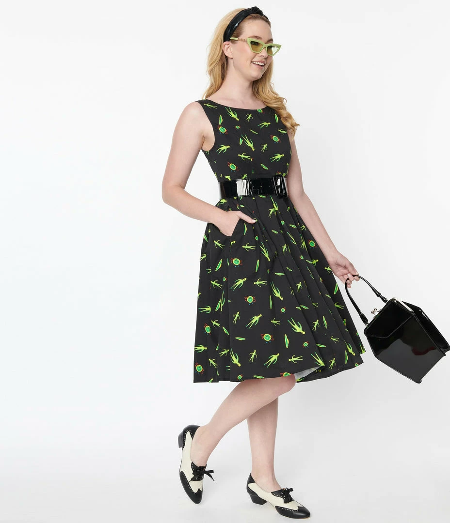 Miss Lulo, Inc. Black & Green Aliens Print Rubi Swing Dress Sale