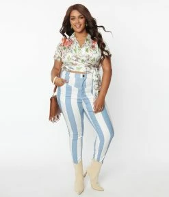 Looney Tunes X Unique Vintage Plus Size Blue Striped Bugs Bunny Skinny Jeans