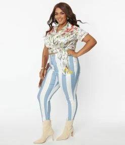 Looney Tunes X Unique Vintage Plus Size Blue Striped Bugs Bunny Skinny Jeans