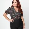 Unique Vintage Plus Size Black & Rainbow Dots Blouse New Arrivals!