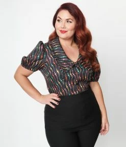 Unique Vintage Plus Size Black & Rainbow Dots Blouse New Arrivals!