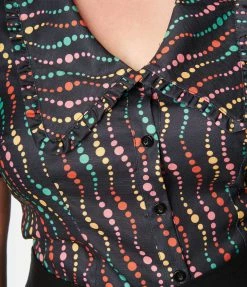 Unique Vintage Plus Size Black & Rainbow Dots Blouse New Arrivals!
