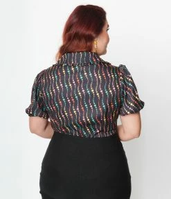 Unique Vintage Plus Size Black & Rainbow Dots Blouse New Arrivals!