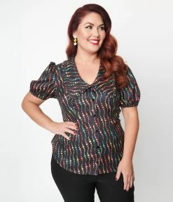 Unique Vintage Plus Size Black & Rainbow Dots Blouse New Arrivals!