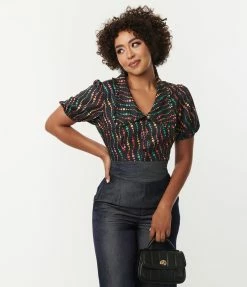 New Arrivals! Unique Vintage Black & Rainbow Dots Blouse