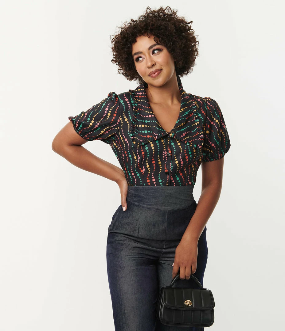 New Arrivals! Unique Vintage Black & Rainbow Dots Blouse