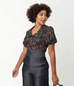 New Arrivals! Unique Vintage Black & Rainbow Dots Blouse