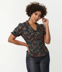 New Arrivals! Unique Vintage Black & Rainbow Dots Blouse