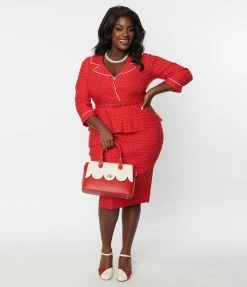 Clothing Unique Vintage Plus Size Red & White Pin Dot Cooper Suit Dress