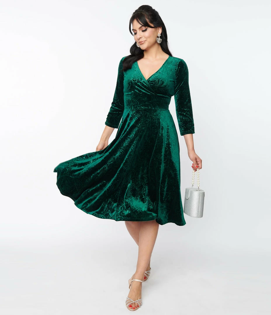 Unique Vintage Emerald Embossed Velvet Gilda Swing Dress