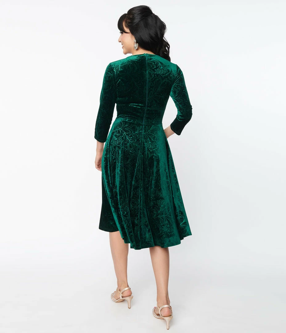 Unique Vintage Emerald Embossed Velvet Gilda Swing Dress