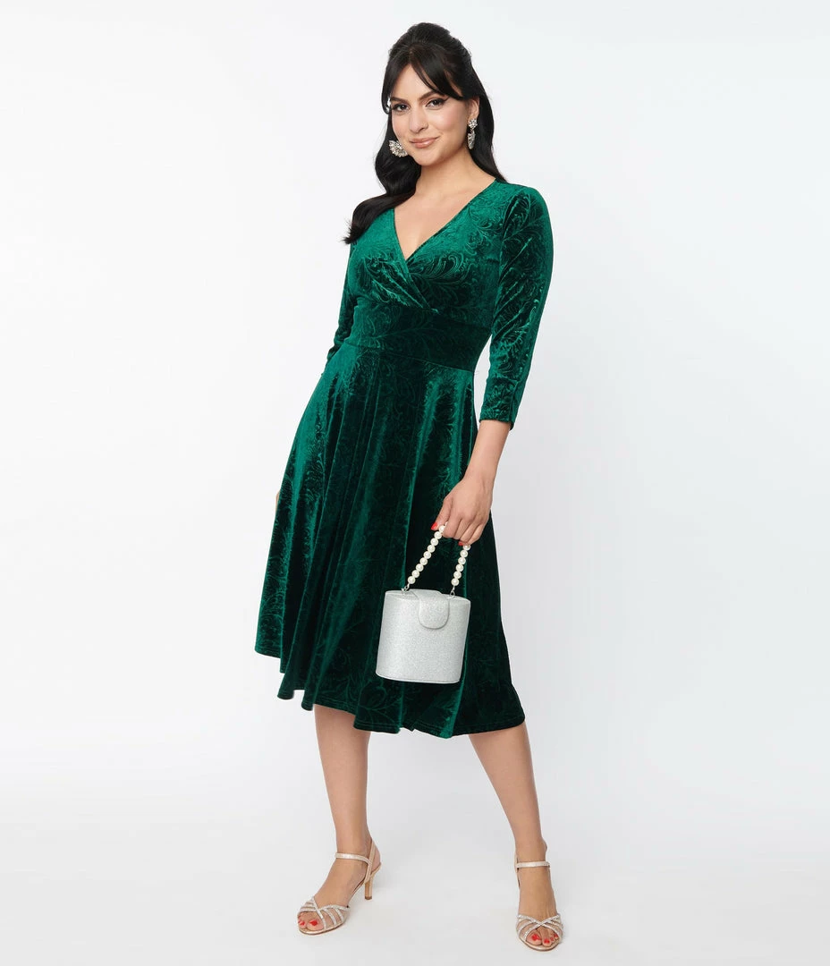Unique Vintage Emerald Embossed Velvet Gilda Swing Dress