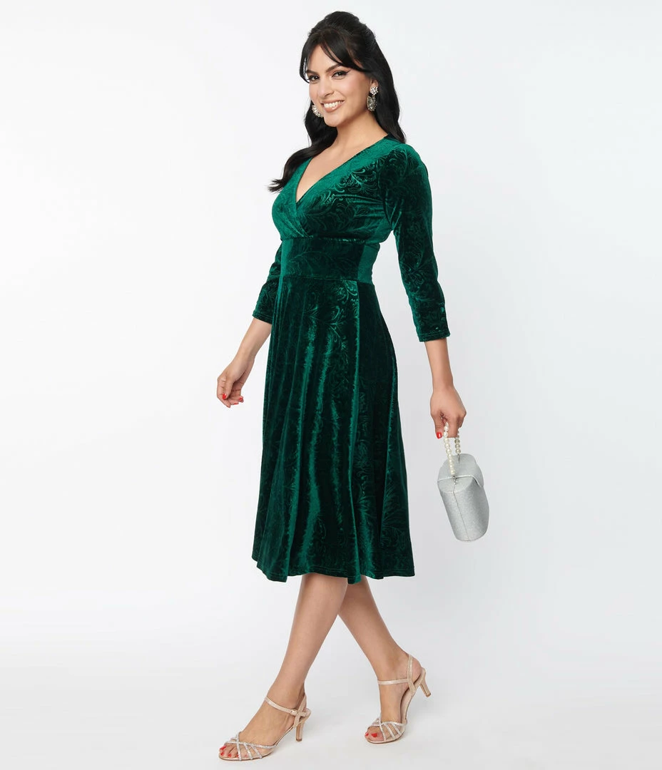 Unique Vintage Emerald Embossed Velvet Gilda Swing Dress