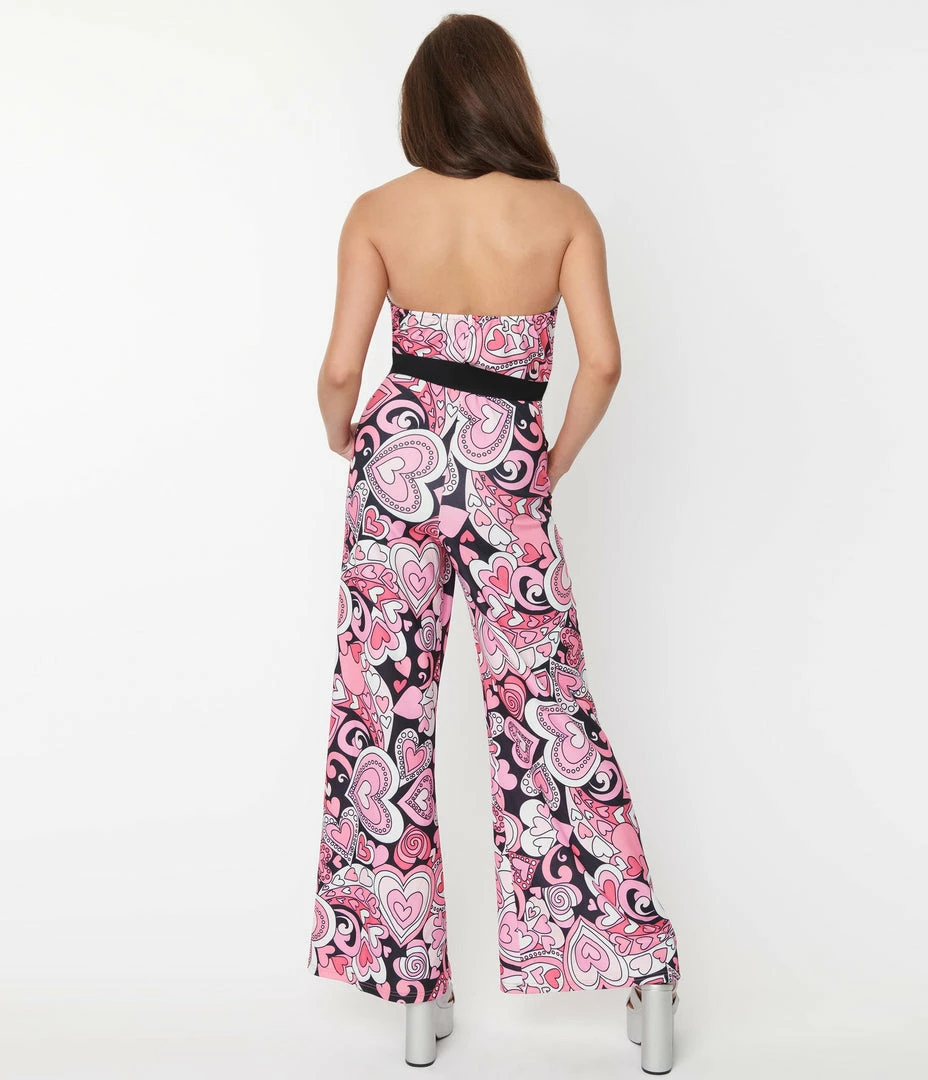 Smak Parlour Pink & Black Psychedelic Hearts Draped Darling Jumpsuit